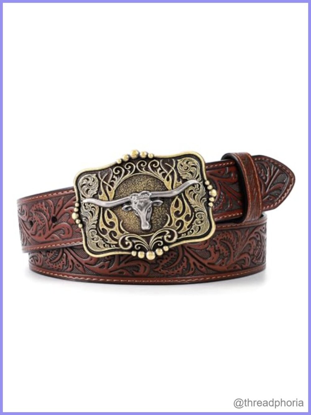 Western Leather Belt Floral Embossed Longhorn Buckle Cowboy